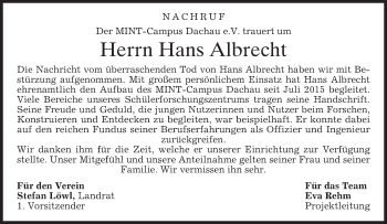 Traueranzeige von Hans Albrecht von merkurtz