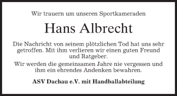 Traueranzeige von Hans Albrecht von merkurtz