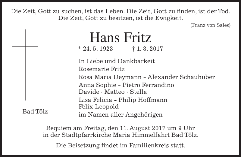  Traueranzeige für Hans Fritz vom 09.08.2017 aus merkurtz