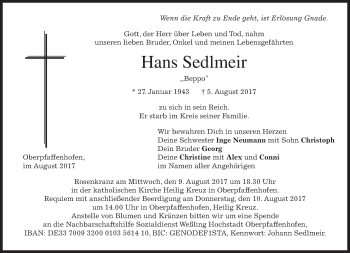 Traueranzeige von Hans Sedlmeir von merkurtz
