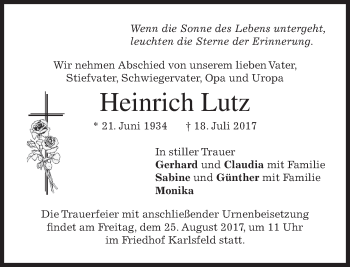 Traueranzeige von Heinrich Lutz von merkurtz