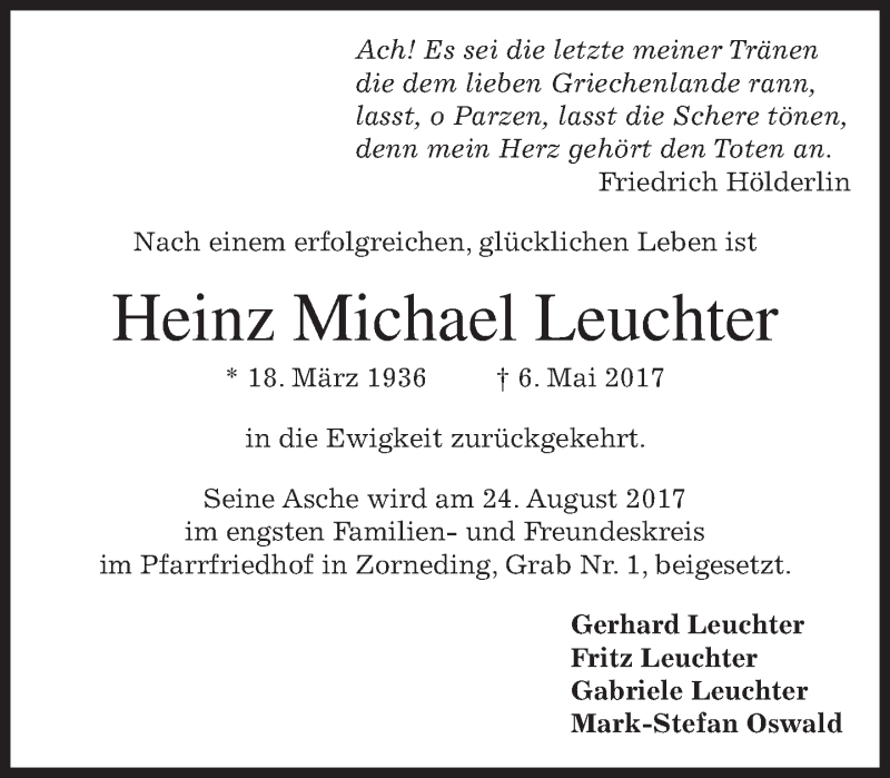  Traueranzeige für Heinz Michael Leuchter vom 19.08.2017 aus merkurtz