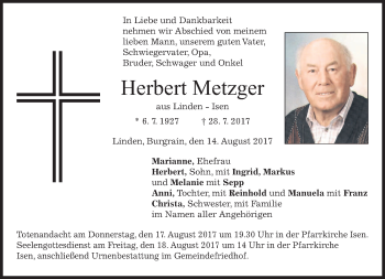Traueranzeige von Herbert Metzger von merkurtz