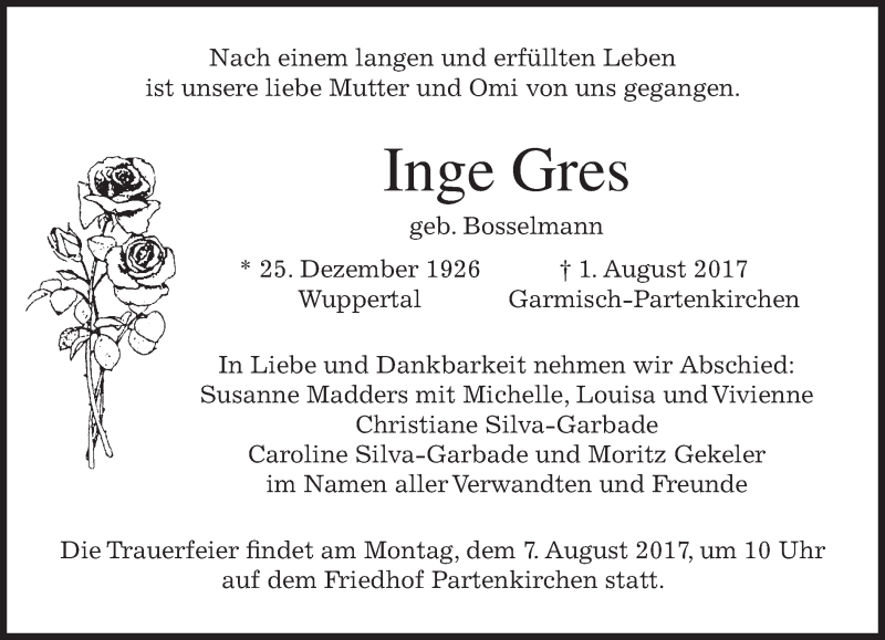  Traueranzeige für Inge Gres vom 05.08.2017 aus merkurtz