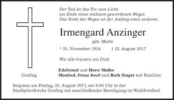 Traueranzeige von Irmengard Anzinger von merkurtz