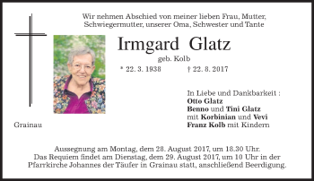 Traueranzeige von Irmgard Glatz von merkurtz