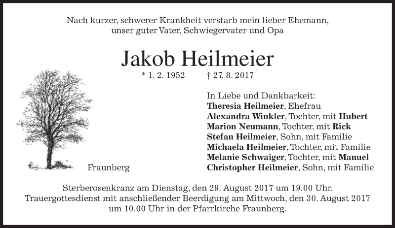  Traueranzeige für Jakob Heilmeier vom 28.08.2017 aus merkurtz