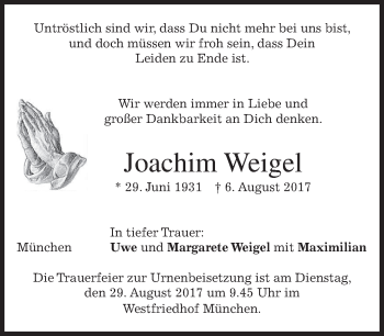 Traueranzeige von Joachim Weigel von merkurtz