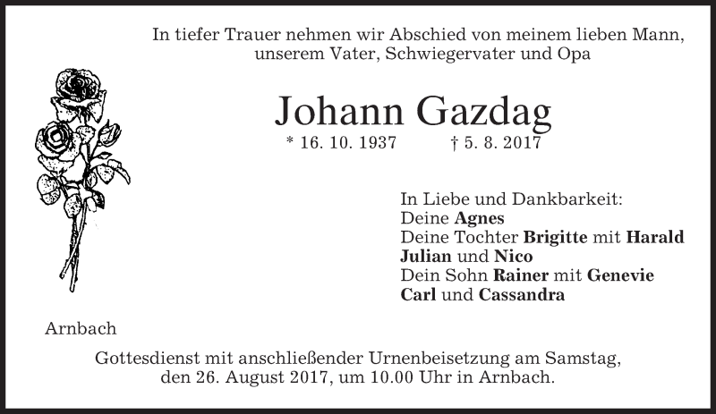  Traueranzeige für Johann Gazdag vom 23.08.2017 aus merkurtz