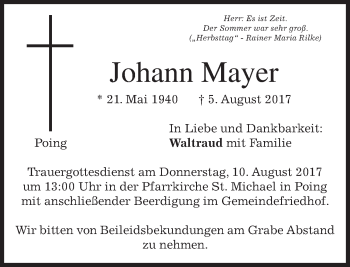 Traueranzeige von Johann Mayer von merkurtz