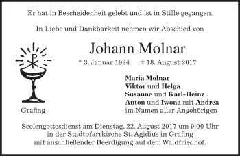 Traueranzeige von Johann Molnar von merkurtz
