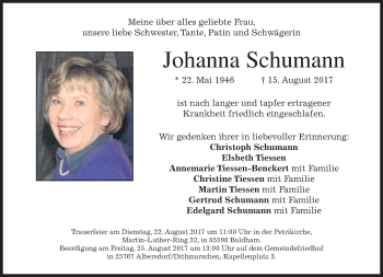 Traueranzeige von Johanna Schumann von merkurtz