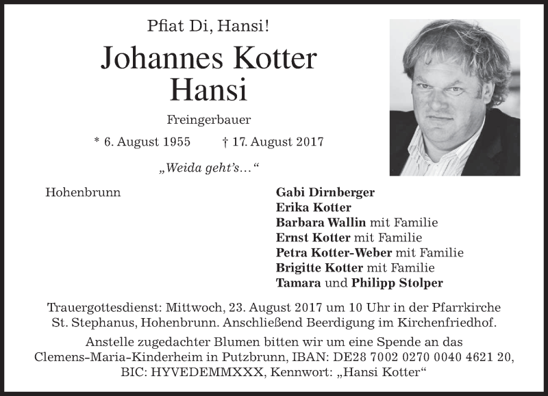  Traueranzeige für Johannes Kotter vom 21.08.2017 aus merkurtz