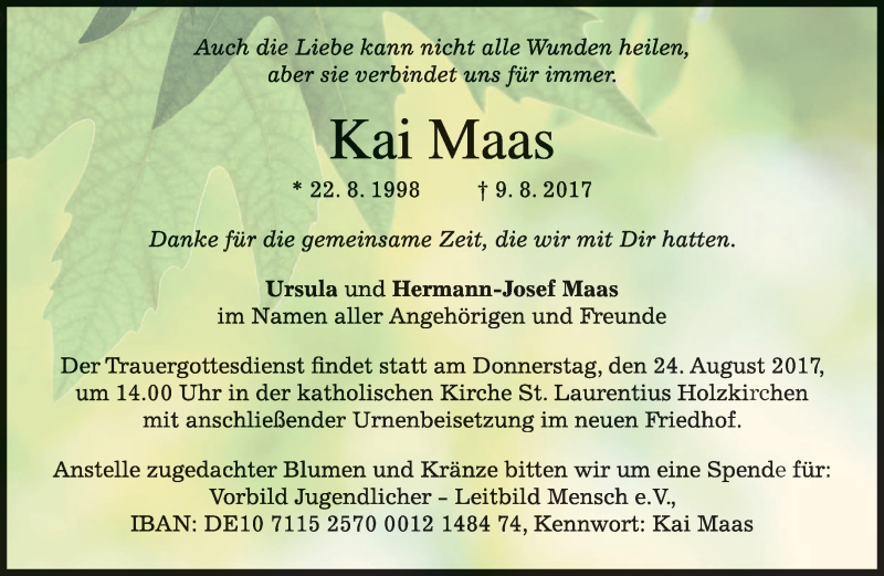  Traueranzeige für Kai Maas vom 19.08.2017 aus merkurtz