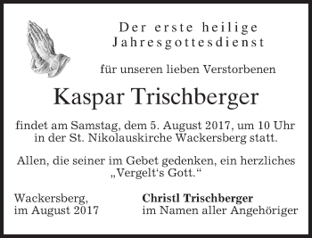 Traueranzeige von Kaspar Trischberger von merkurtz