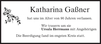 Traueranzeige von Katharina Gaßner von merkurtz