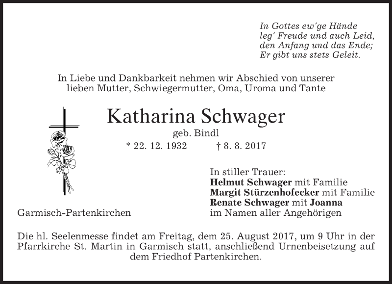  Traueranzeige für Katharina Schwager vom 19.08.2017 aus merkurtz