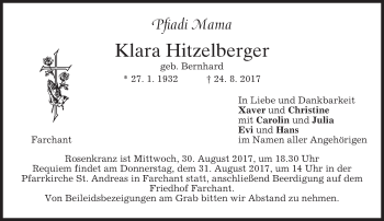 Traueranzeige von Klara Hitzelberger von merkurtz