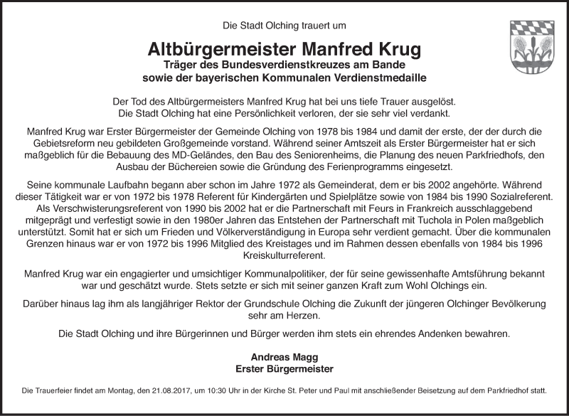  Traueranzeige für Manfred Krug vom 17.08.2017 aus merkurtz