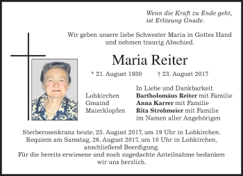 Traueranzeigen Von Maria Reiter | Trauer.merkur.de