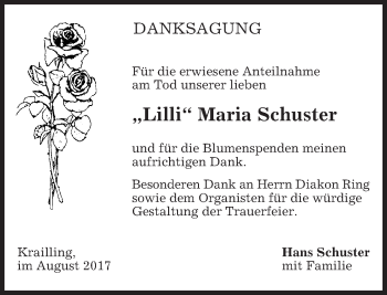 Traueranzeige von Maria Schuster von merkurtz
