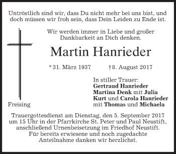 Traueranzeige von Martin Hanrieder von merkurtz