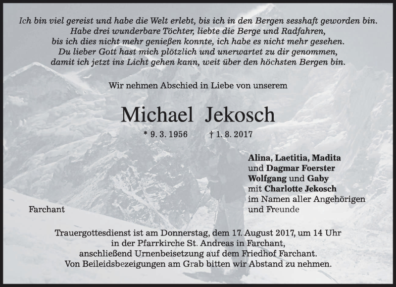  Traueranzeige für Michael Jekosch vom 12.08.2017 aus merkurtz