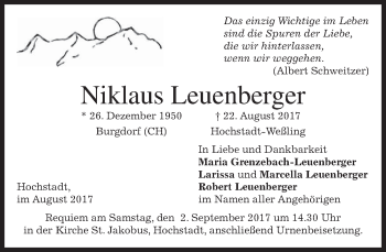 Traueranzeige von Niklaus Leuenberger von merkurtz
