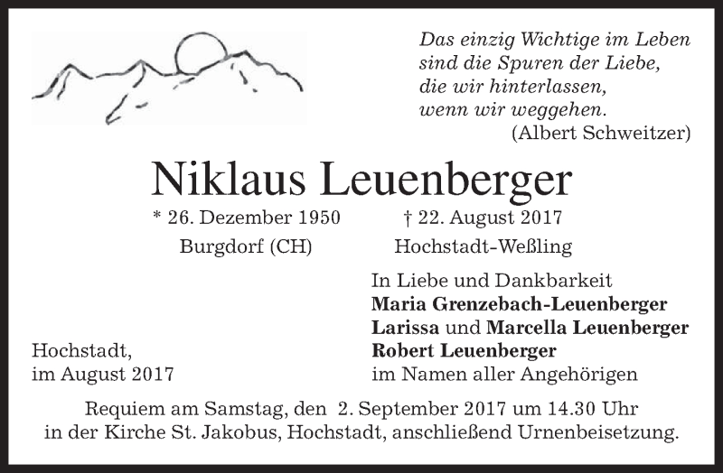  Traueranzeige für Niklaus Leuenberger vom 26.08.2017 aus merkurtz