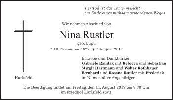 Traueranzeige von Nina Rustler von merkurtz