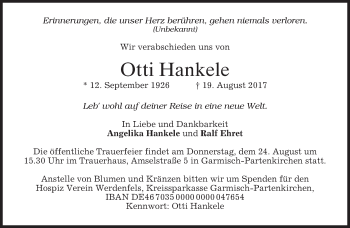 Traueranzeige von Otti Hankele von merkurtz