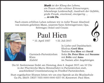 Traueranzeige von Paul Hien von merkurtz