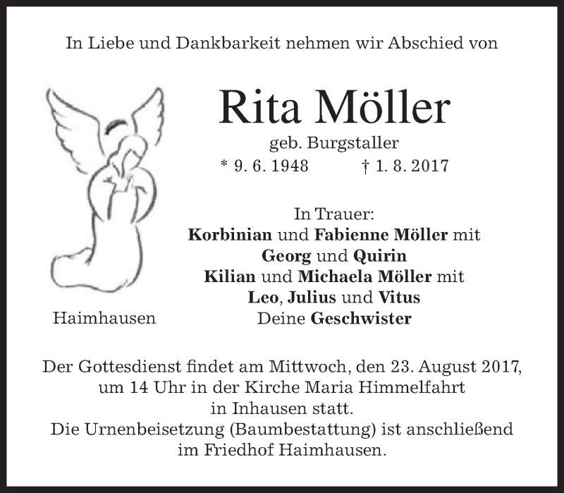  Traueranzeige für Rita Möller vom 19.08.2017 aus merkurtz