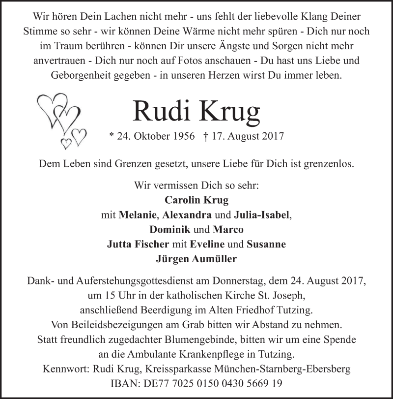  Traueranzeige für Rudi Krug vom 19.08.2017 aus merkurtz