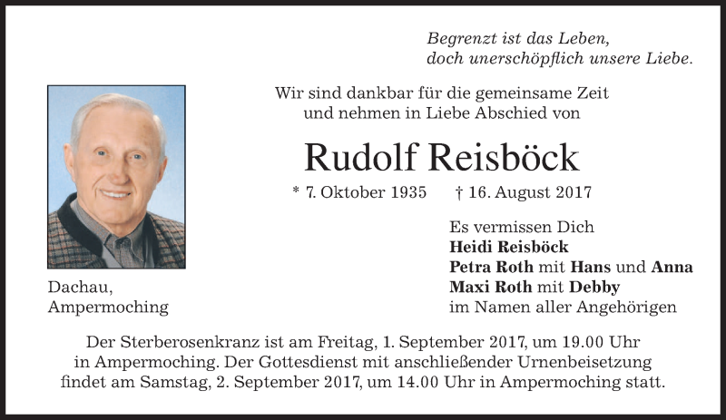  Traueranzeige für Rudolf Reisböck vom 30.08.2017 aus merkurtz