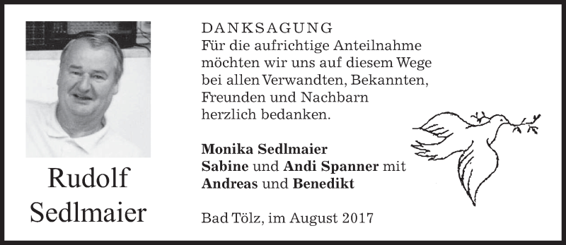  Traueranzeige für Rudolf Sedlmaier vom 26.08.2017 aus merkurtz