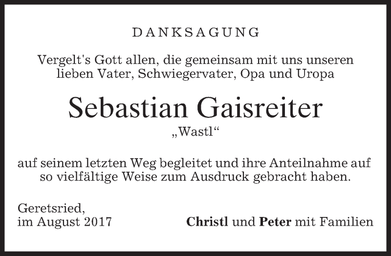  Traueranzeige für Sebastian Gaisreiter vom 05.08.2017 aus merkurtz