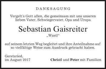 Traueranzeige von Sebastian Gaisreiter von merkurtz