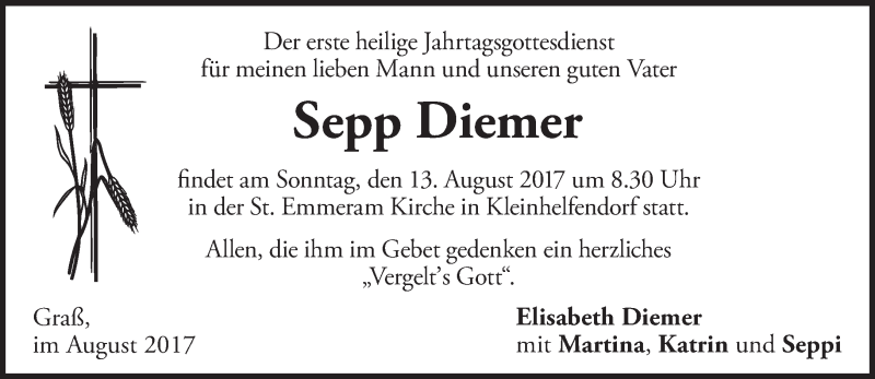  Traueranzeige für Sepp Diemer vom 12.08.2017 aus merkurtz