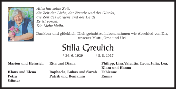 Traueranzeige von Stilla Greulich von merkurtz