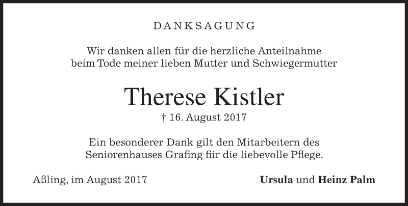  Traueranzeige für Therese Kistler vom 26.08.2017 aus merkurtz