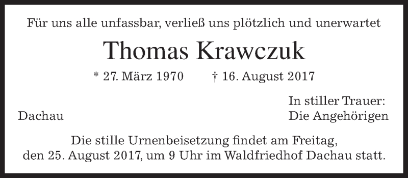  Traueranzeige für Thomas Krawczuk vom 23.08.2017 aus merkurtz
