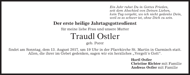  Traueranzeige für Traudl Ostler vom 09.08.2017 aus merkurtz
