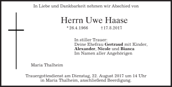 Traueranzeige von Uwe Haase von merkurtz