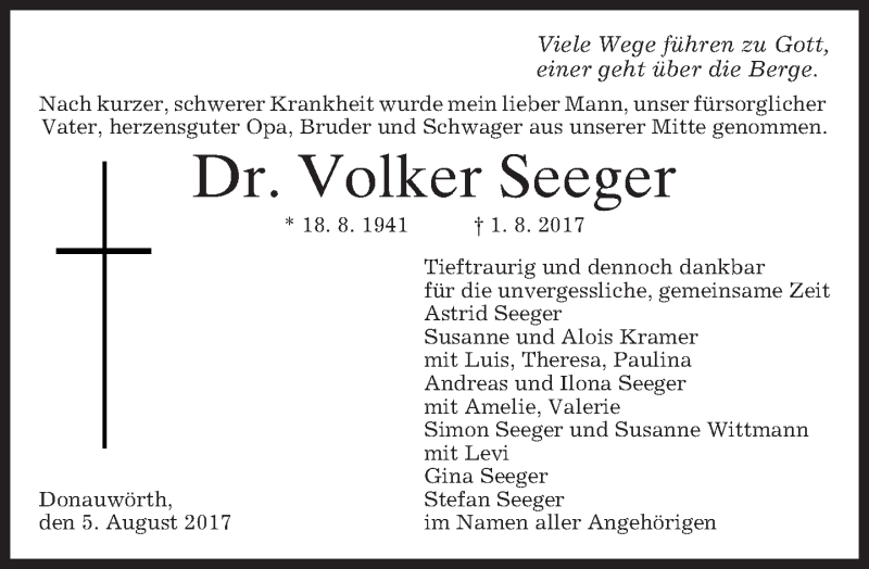  Traueranzeige für Volker Seeger vom 05.08.2017 aus merkurtz