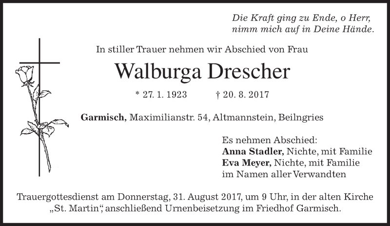  Traueranzeige für Walburga Drescher vom 29.08.2017 aus merkurtz