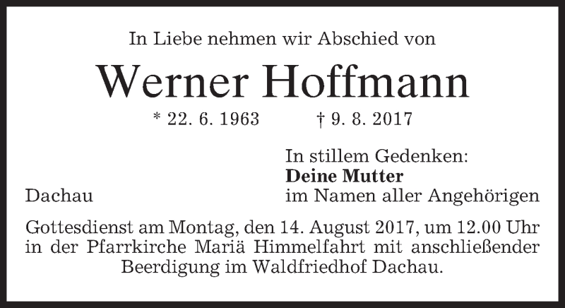  Traueranzeige für Werner Hoffmann vom 12.08.2017 aus merkurtz