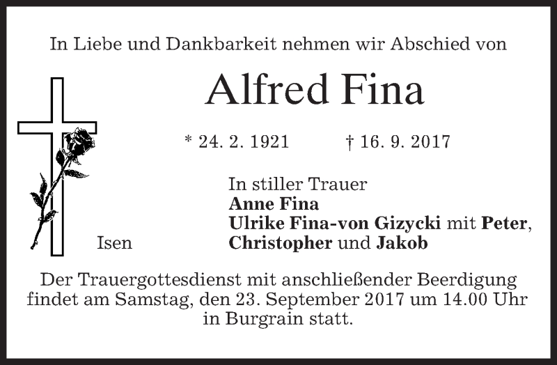  Traueranzeige für Alfred Fina vom 21.09.2017 aus merkurtz