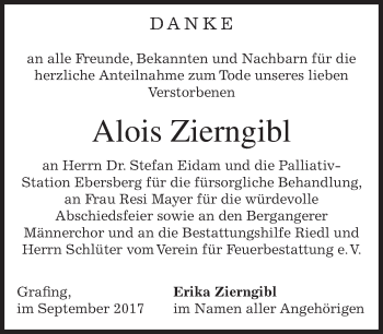 Traueranzeige von Alois Zierngibl von merkurtz