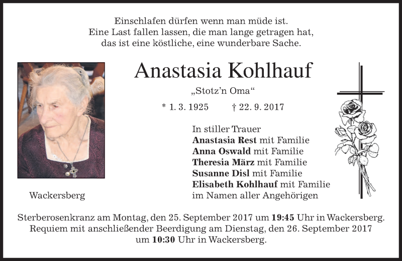  Traueranzeige für Anastasia Kohlhauf vom 23.09.2017 aus merkurtz